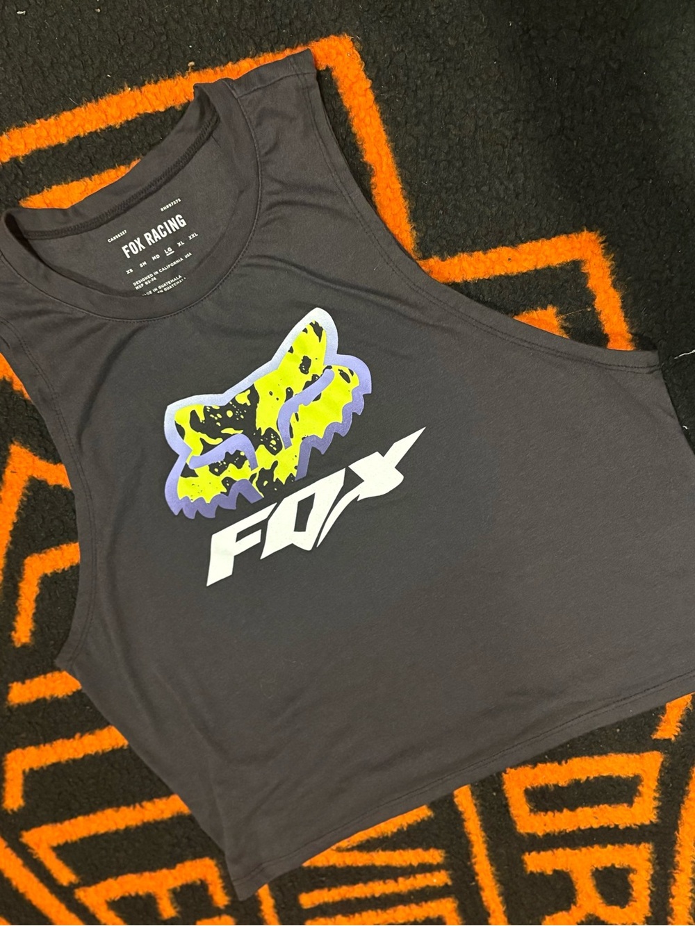 Womans Fox Black Tank Top with Neon green and Purple Fox Head